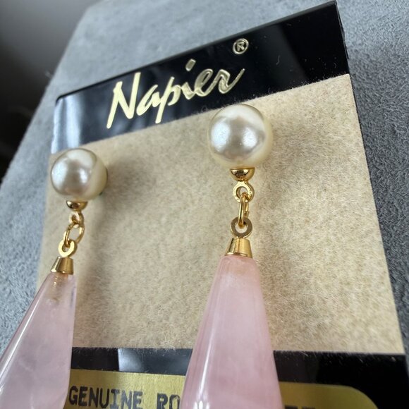 Vintage Deadstock Napier Rose Quartz & Faux Pearl Gold Tone Pierced Earrings - Picture 2 of 4